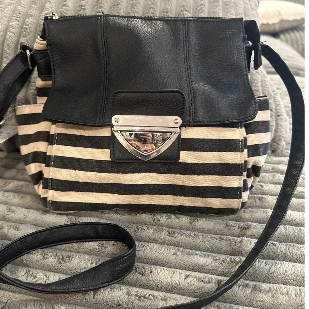Bueno Black White Striped Canvas Faux Leather Crossbody Bag Silver Push Lock